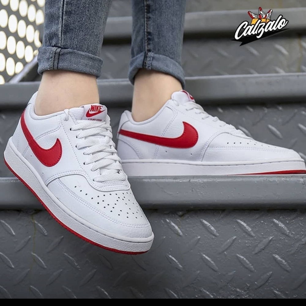 Nike Court Vision White & Red Low-Top Sneakers For Women's